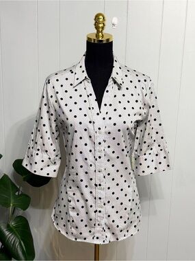 #17)  7 avenue NY  White Button-Down Shirt with Black Polka Dots (Stretch)